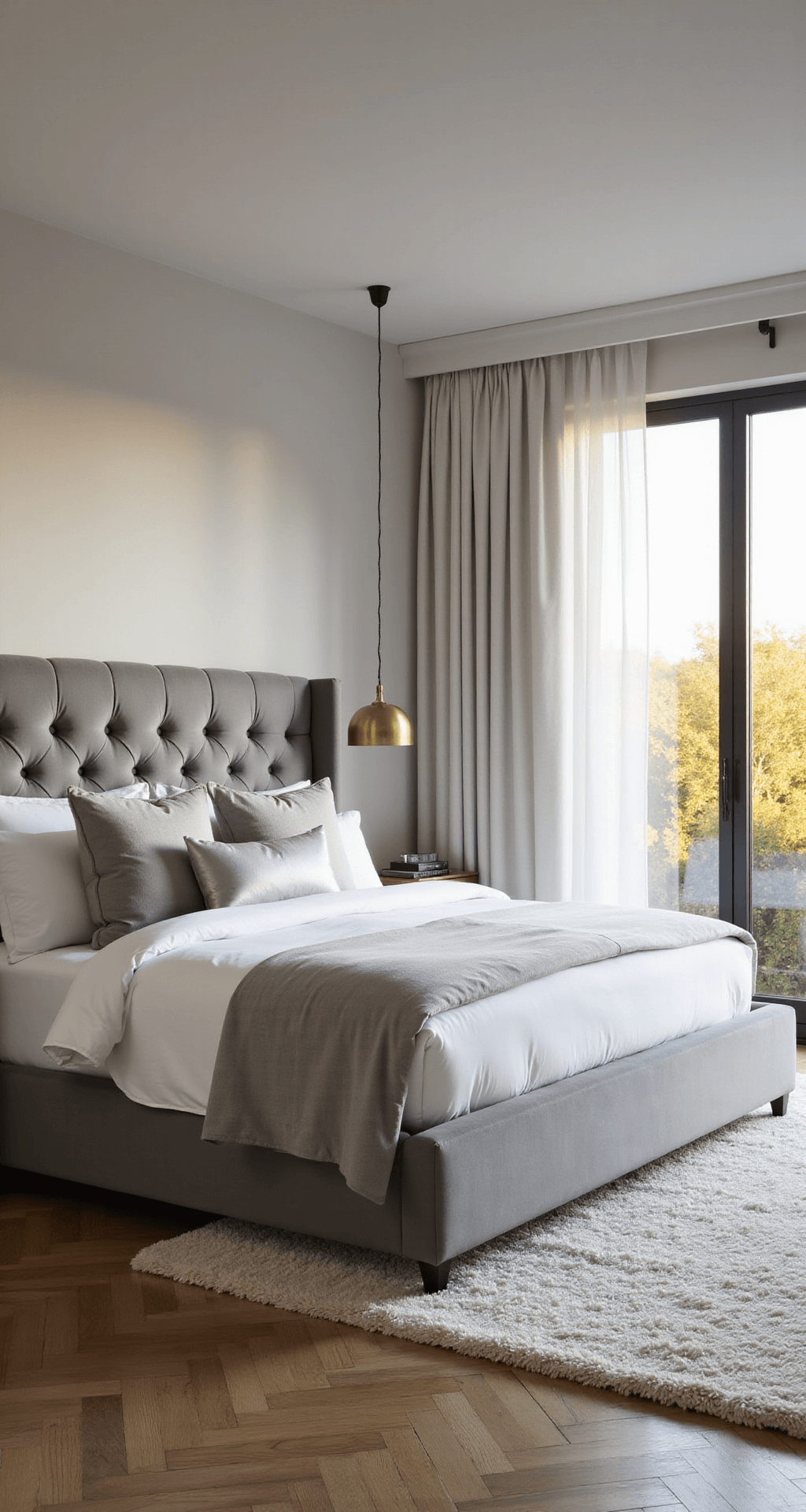 A spacious modern bedroom with floor-to-ceiling windows draped in sheer white, featuring a king bed with a tufted dove grey headboard and cloud-white linens, complemented by a plush ivory rug and brass pendant lights, shot at golden hour for a dreamy atmosphere.