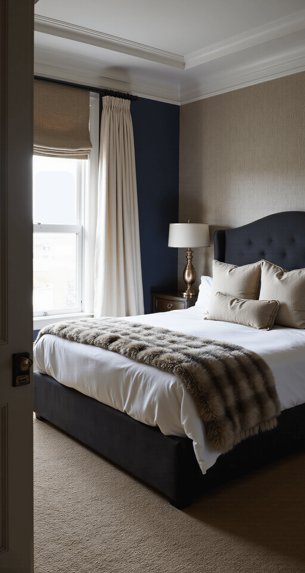 Intimate master bedroom featuring a king-sized bed with a velvet headboard, dressed in white linens and faux fur throws, surrounded by brass nightstands and custom sconces, bathed in early morning light with rich neutrals and navy accents.