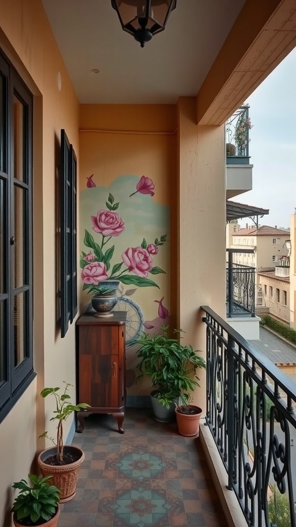 A small balcony featuring a vibrant mural of roses, plants in pots, and a wooden cabinet.