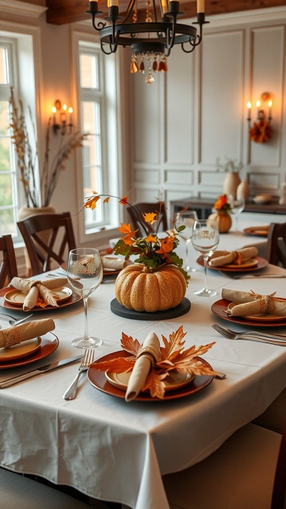 An autumn-inspired table setting featuring a pumpkin centerpiece, autumn leaves, and elegant tableware.