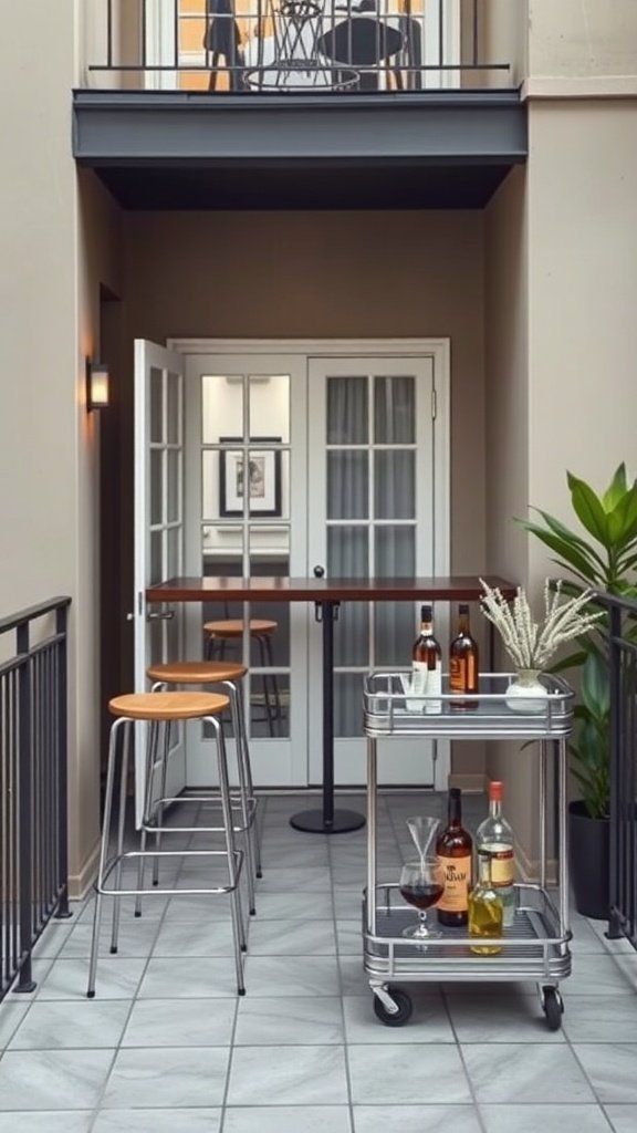 A small balcony with a bar cart, stools, and a table, showcasing a cozy bar setup.