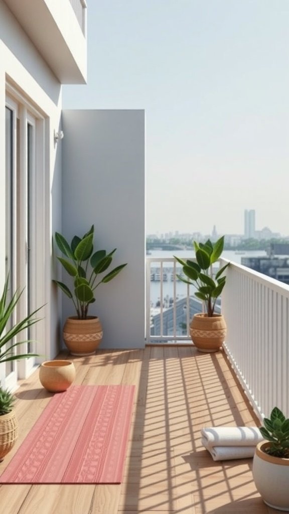 A small balcony with a yoga mat, towels, and potted plants, perfect for yoga practice.