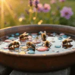 A rustic bee watering station featuring a copper basin filled with water and colorful glass pebbles, with honey bees drinking in a lush garden, captured at golden hour with soft lighting and dreamy bokeh effects.