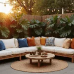 A luxurious bohemian patio at golden hour, featuring a teak sectional with cream cushions, colorful throw pillows, market lights, and tropical plants, with warm sunlight filtering through bamboo screens, captured in hyperrealistic detail.