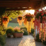 A wide-angle shot of a bohemian patio with cascading calibrachoa flowers in sunset colors, suspended from macramé hangers, illuminated by golden hour sunlight and featuring intricate textures and warm lighting.