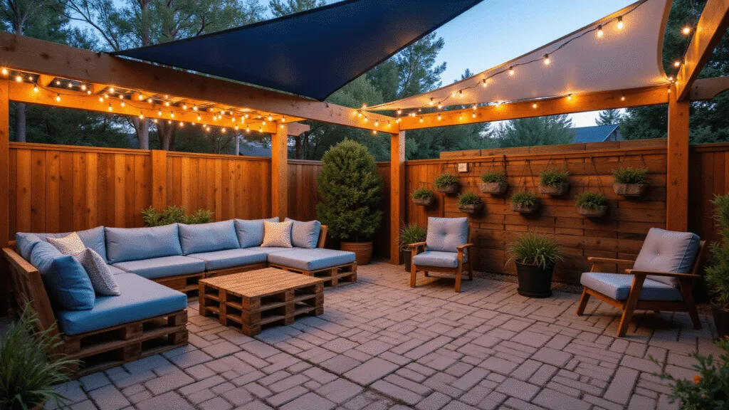 Transformed back patio at twilight with herringbone-patterned concrete paver floor, wooden pergola with LED string lights, inviting seating area with coastal blue cushions, vertical garden wall, and overlapping triangular shade sails.