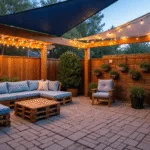 Transformed back patio at twilight with herringbone-patterned concrete paver floor, wooden pergola with LED string lights, inviting seating area with coastal blue cushions, vertical garden wall, and overlapping triangular shade sails.