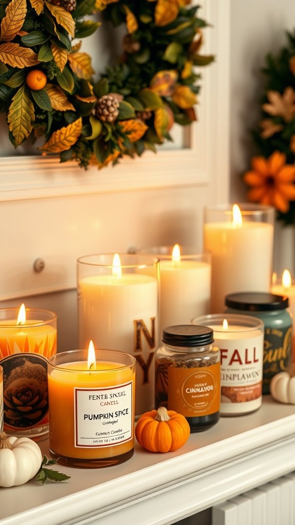 A collection of autumn-themed candles arranged on a shelf with a decorative wreath in the background.