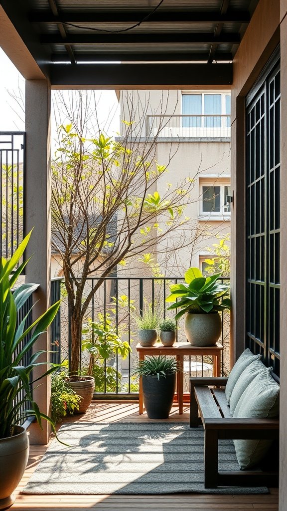 A cozy balcony with plants, a wooden bench, and natural light.