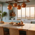 A sunlit beach house kitchen featuring a rustic wooden island with a charcuterie board, rattan bar stools, pale blue shiplap walls, hanging copper pots, and a farmhouse sink with an ocean view.