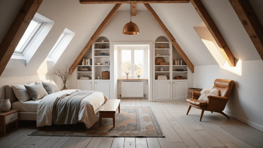 A sun-drenched attic bedroom with exposed wooden beams, a low-profile queen bed in ivory and sage green bedding, built-in white shelving, a vintage Persian rug, and a cozy reading nook, all bathed in warm natural light from skylights during golden hour.
