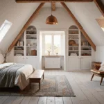 A sun-drenched attic bedroom with exposed wooden beams, a low-profile queen bed in ivory and sage green bedding, built-in white shelving, a vintage Persian rug, and a cozy reading nook, all bathed in warm natural light from skylights during golden hour.