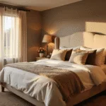 Cinematic interior photo of a luxurious bedroom sanctuary bathed in golden hour light, featuring a king-size bed with cream upholstery, textured bedding, and weathered oak furniture, creating a warm and inviting atmosphere.