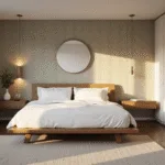 A cozy modern minimalist bedroom featuring a platform bed with white linens, floating nightstands, botanical wallpaper, and brass sconces, illuminated by golden hour sunlight through large windows, shot in hyperrealistic detail.