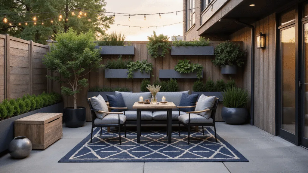 A cozy urban patio at golden hour featuring a geometric navy and cream rug, a sleek black metal bistro set with grey cushions, and a weathered teak ottoman, surrounded by modern wall planters with cascading greenery and warm string lights overhead.