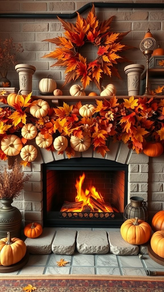A cozy fireplace decorated for autumn with pumpkins and autumn leaves