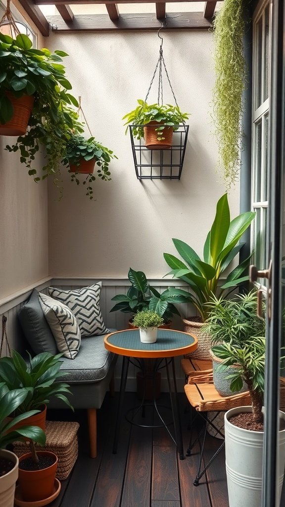 A cozy balcony nook with a bench, round table, and various plants.