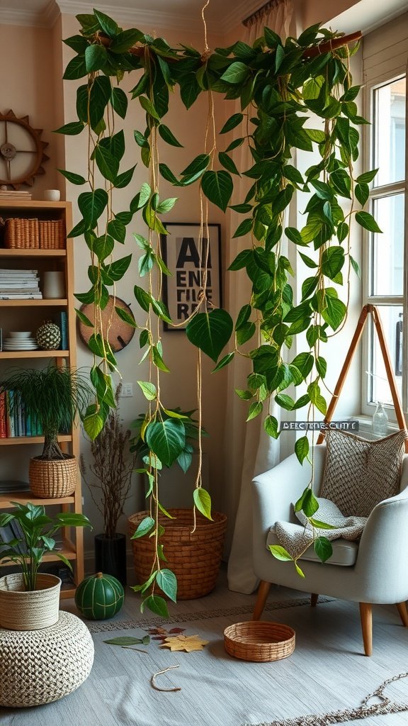 A cozy room with hanging green leaves, showcasing autumn home decor.
