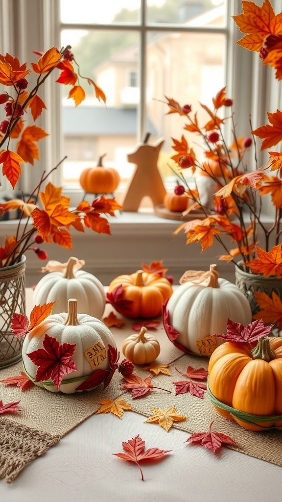 A cozy autumn decor scene featuring white and orange pumpkins, colorful leaves, and a warm atmosphere.