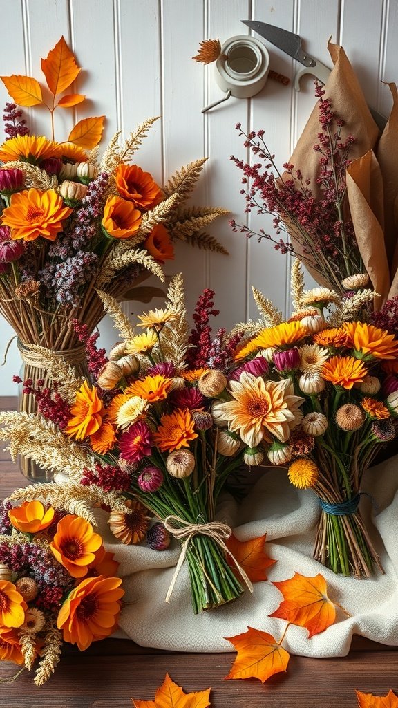 Dried flower bouquets in autumn colors with leaves and crafting materials