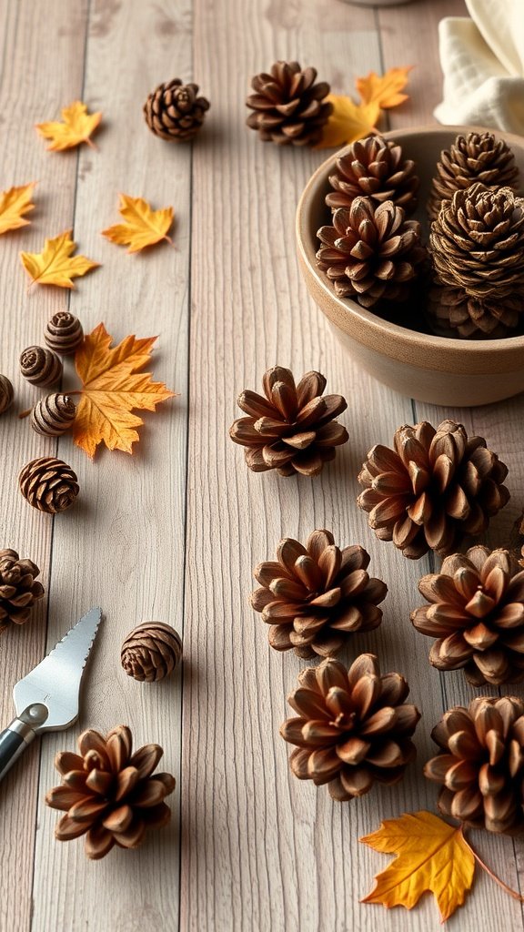 A collection of pinecones and autumn leaves on a wooden surface, with a small saw and a bowl of pinecones.