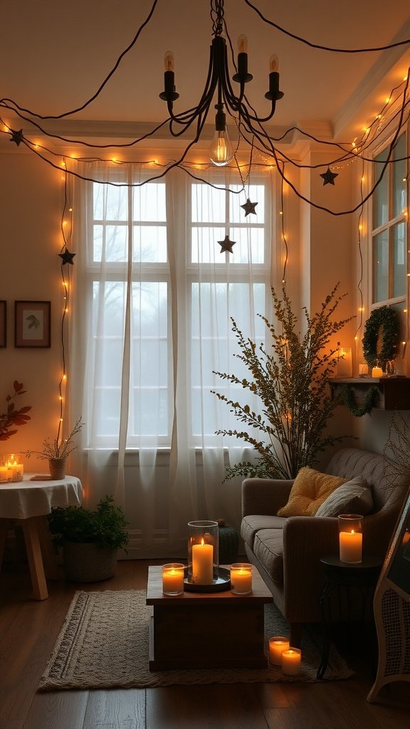 A cozy living room with soft lighting, featuring candles and string lights, creating a warm atmosphere.