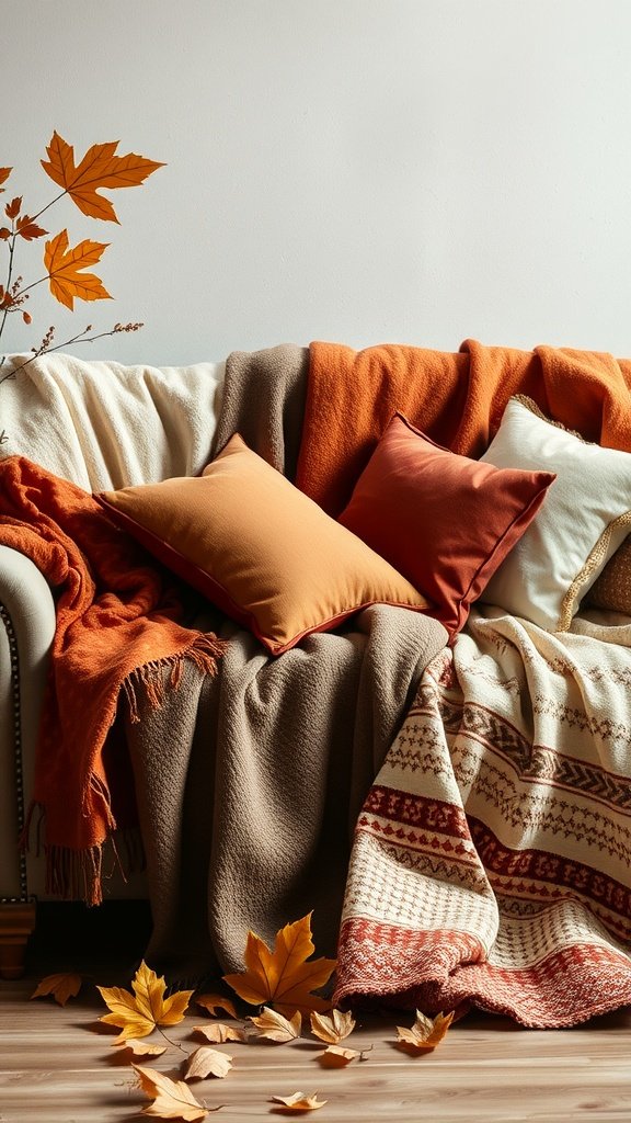 A cozy couch with warm autumn-colored throws and pillows, surrounded by fallen leaves.