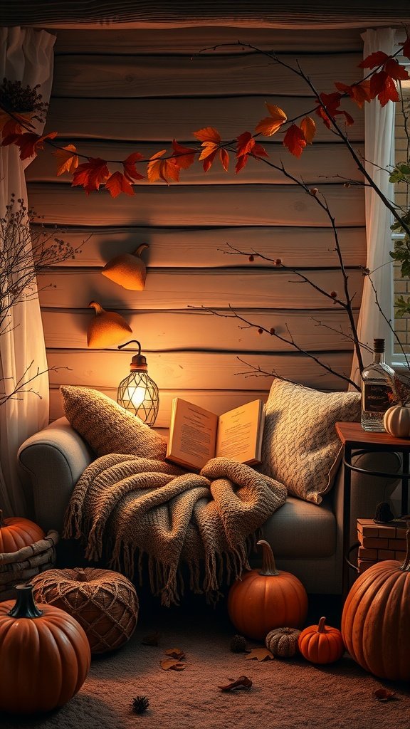 A cozy reading nook with a couch, warm blanket, pumpkins, and autumn leaves.