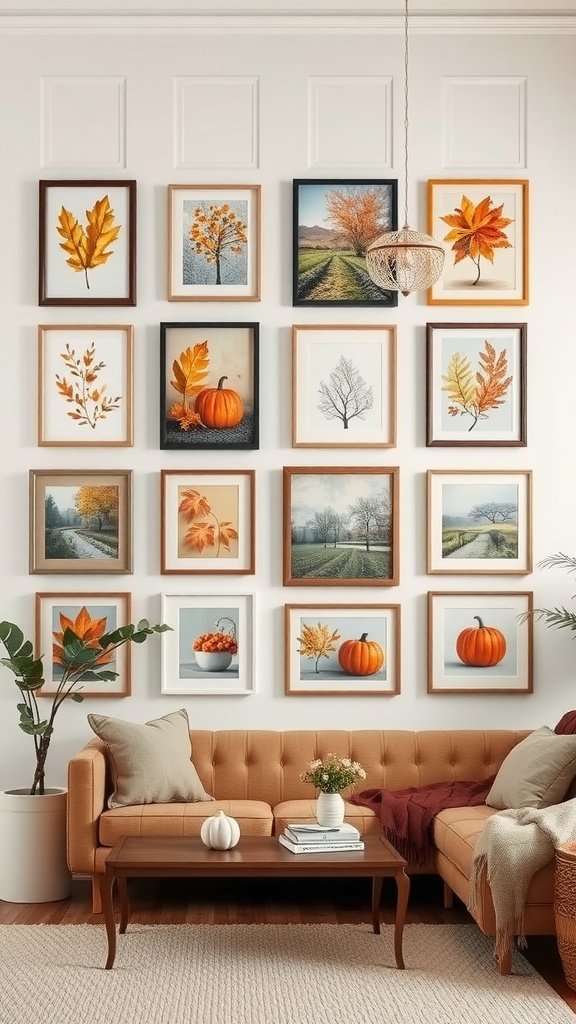 A fall-themed gallery wall featuring framed art of leaves and pumpkins, with a cozy couch and decor elements.