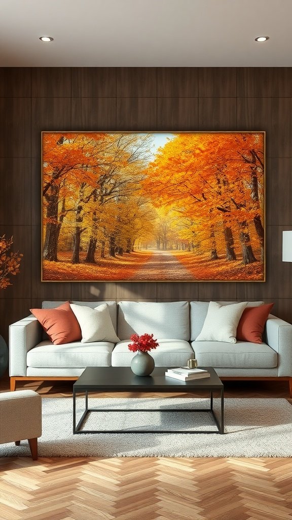 A cozy living room featuring a large autumn-themed painting above a light-colored sofa with decorative pillows.