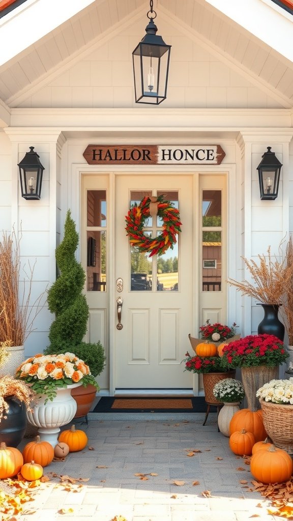 A beautifully decorated entryway with a wreath, pumpkins, and flowers for autumn.
