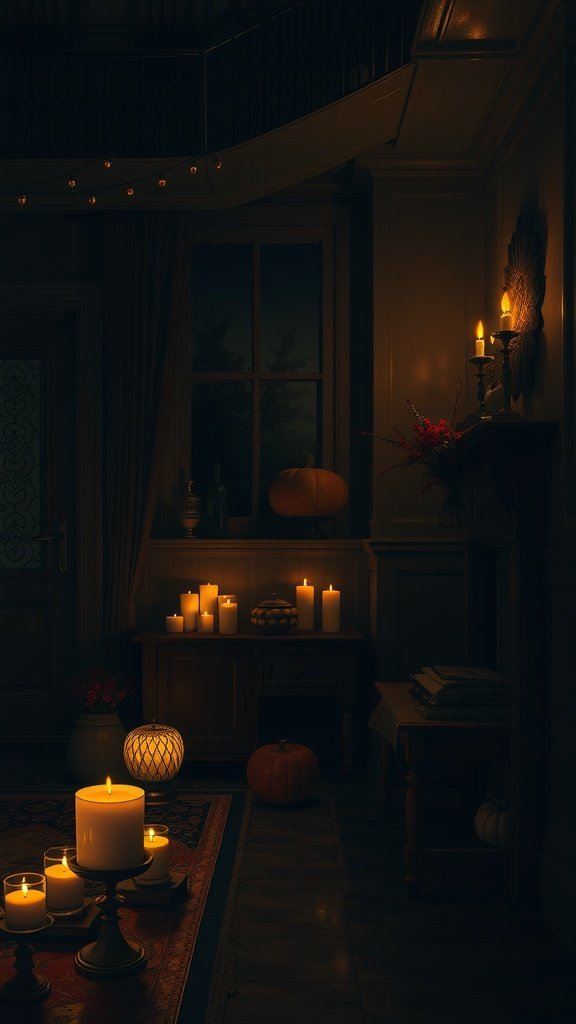A cozy room with candles and pumpkins, creating a warm atmosphere for autumn.
