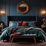 Cinematic interior of a moody master bedroom with deep navy walls, tufted dark velvet headboard, and layered jewel-toned bedding, featuring warm lighting from vintage sconces and a crystal pendant, creating an intimate ambiance with dramatic shadows and soft reflections.
