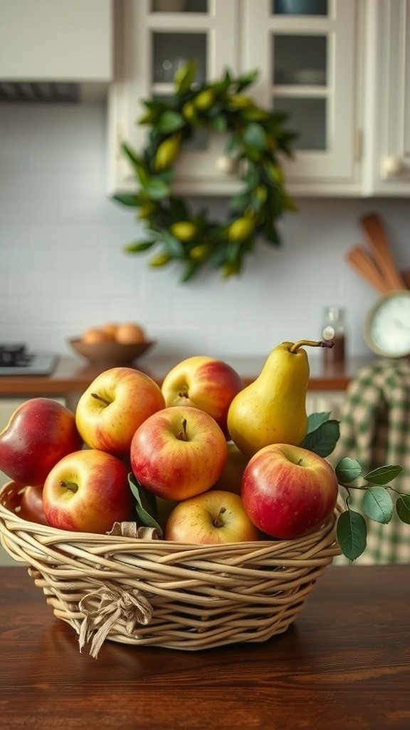 A basket filled with red apples and a pear on a wooden table, with a green wreath in the background.