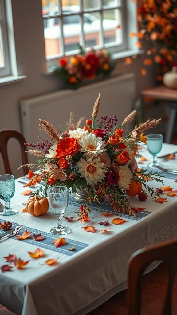 A beautifully decorated table with autumn leaves, flowers, and small pumpkins.