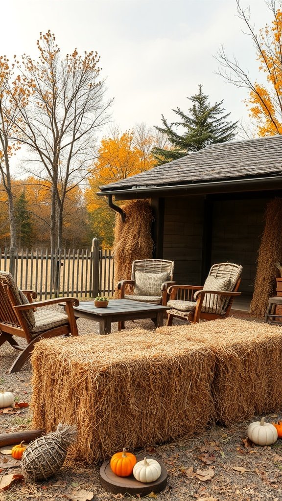 Outdoor seating area decorated with hay bales and pumpkins, surrounded by autumn foliage.