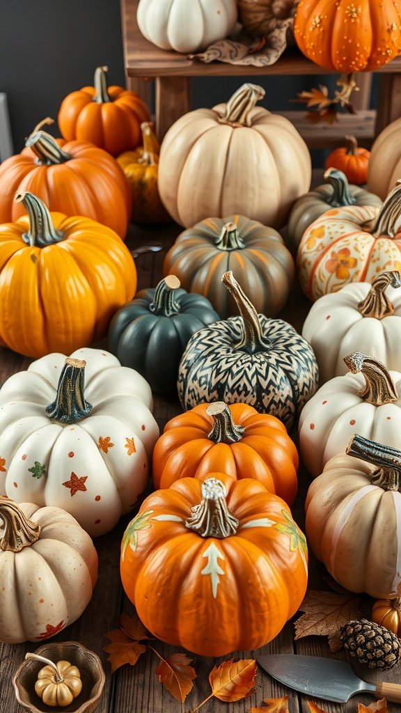 A collection of decorative pumpkins in various colors and styles, perfect for autumn home decor.