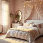 A sun-drenched pastel bedroom with a queen-sized bed, sheer curtains, vintage furniture, and cozy reading nook, illuminated by warm golden hour light.