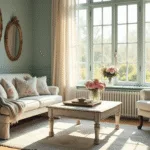 A sunlit shabby chic living room featuring a distressed white wooden coffee table on a faded Persian rug, a cream linen armchair with floral cushions, ornate gilt mirrors on duck-egg blue walls, and fresh pink peonies in a crystal vase, all captured in soft lighting with a vintage aesthetic.