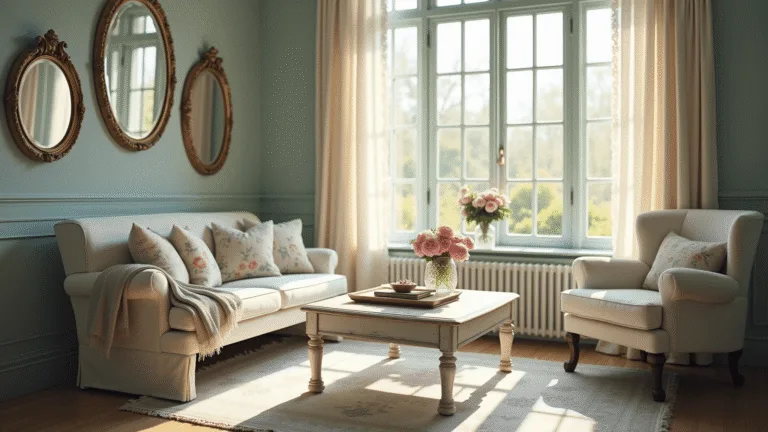 A sunlit shabby chic living room featuring a distressed white wooden coffee table on a faded Persian rug, a cream linen armchair with floral cushions, ornate gilt mirrors on duck-egg blue walls, and fresh pink peonies in a crystal vase, all captured in soft lighting with a vintage aesthetic.