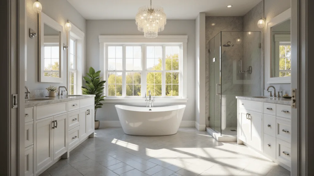 A luxurious transitional bathroom bathed in golden morning light, featuring white shaker cabinets, double undermount sinks, a freestanding oval soaking tub, and gray marble herringbone flooring, all highlighted by a crystal chandelier and frameless glass shower.