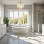 A luxurious transitional bathroom bathed in golden morning light, featuring white shaker cabinets, double undermount sinks, a freestanding oval soaking tub, and gray marble herringbone flooring, all highlighted by a crystal chandelier and frameless glass shower.
