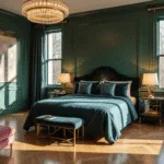Photorealistic master bedroom featuring emerald green lacquered walls, a midnight blue velvet king-size bed, geometric gold-trimmed nightstands, and a crystal chandelier, all bathed in warm sunlight with artistic decor elements.