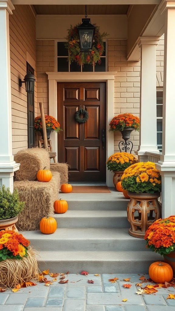 A cozy front porch decorated for autumn with pumpkins, flowers, and hay bales.