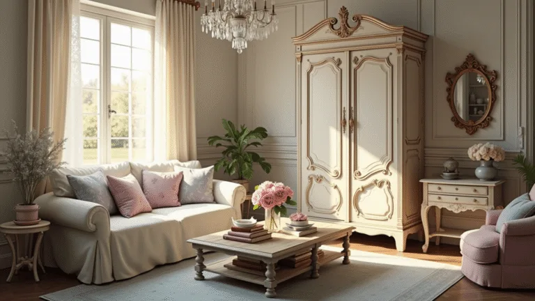Photorealistic image of a sunlit French country living room featuring a cream slip-covered sofa with floral cushions, a distressed white armoire, a crystal chandelier, and vintage decor, set against layered rugs in soft colors, captured in 8K resolution with a dreamy bokeh effect.