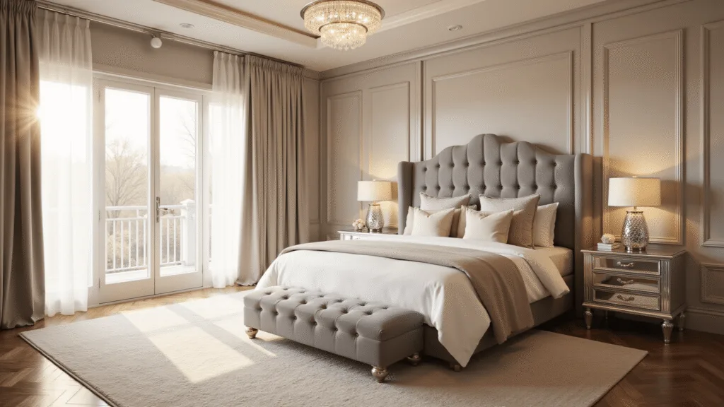 Cinematic wide-angle view of an opulent master bedroom with golden hour sunlight, tufted king-sized bed, layered luxurious bedding, herringbone hardwood floors, antiqued mirror nightstands, crystal chandelier, and modern bleached oak built-ins.