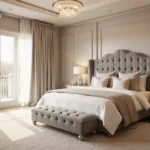 Cinematic wide-angle view of an opulent master bedroom with golden hour sunlight, tufted king-sized bed, layered luxurious bedding, herringbone hardwood floors, antiqued mirror nightstands, crystal chandelier, and modern bleached oak built-ins.