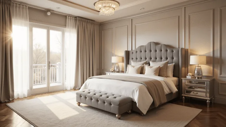 Cinematic wide-angle view of an opulent master bedroom with golden hour sunlight, tufted king-sized bed, layered luxurious bedding, herringbone hardwood floors, antiqued mirror nightstands, crystal chandelier, and modern bleached oak built-ins.