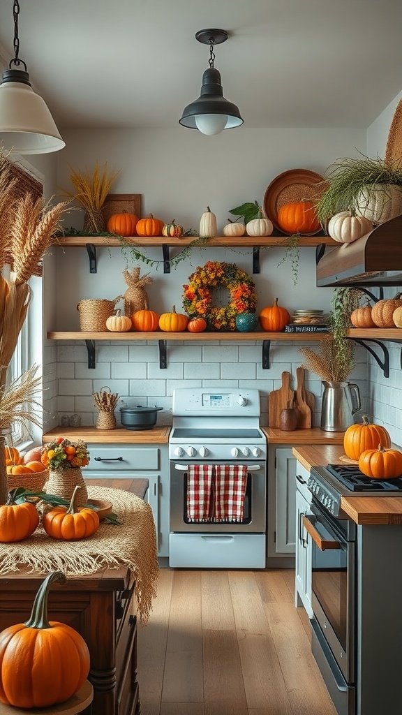 A cozy kitchen decorated for autumn with pumpkins, a wreath, and natural elements.