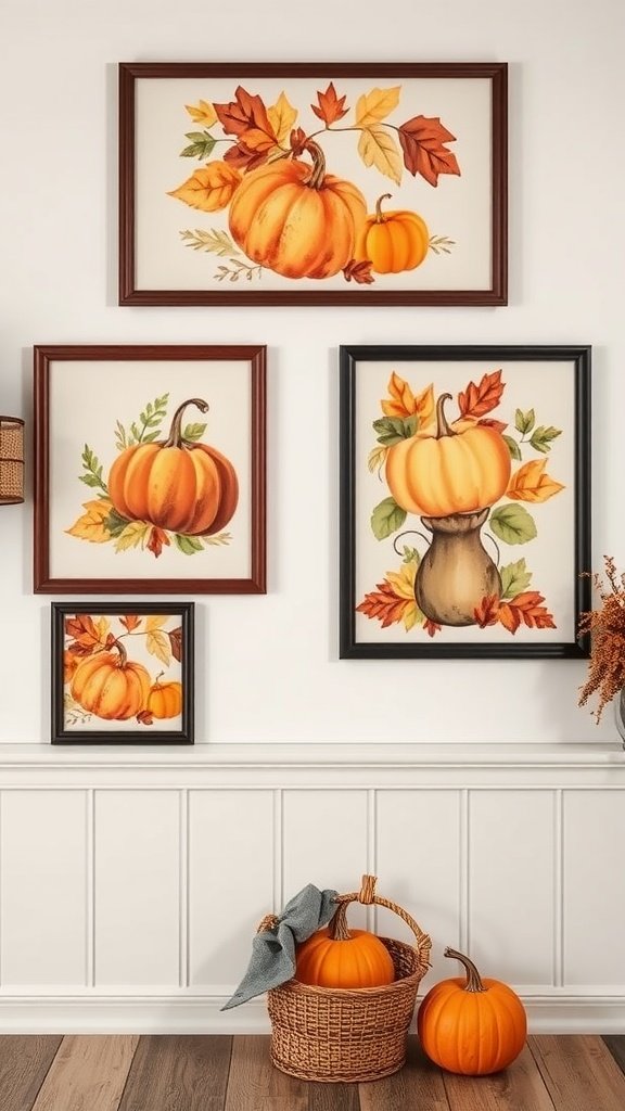 A collection of harvest-themed wall art featuring pumpkins and autumn leaves, arranged on a white wall with a basket of pumpkins in the foreground.